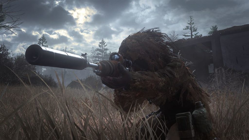 Call of Duty Modern Warfare Remastered soldier in ghillie suit holding suppressed sniper rifle