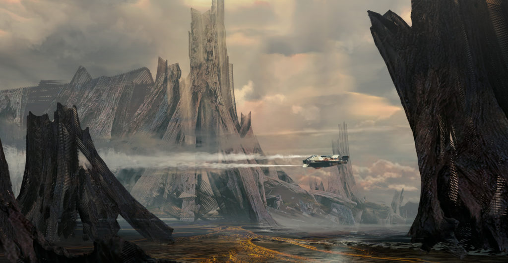 Concept art of spaceship flying through alien world canyon