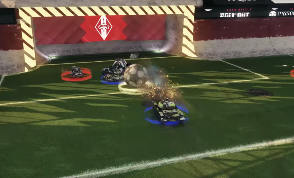 Blue tank shooting soccer ball at a goal in the world of tanks soccer mode