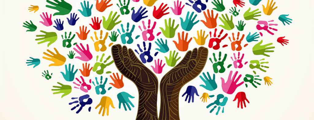 digital illustration of open hands in front of a wall of hand prints