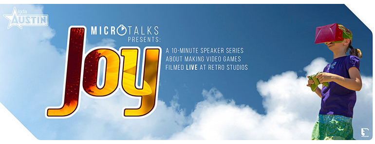 IGDA Austin Joy event banner with girl wearing pink VR headset holding an xbox controller