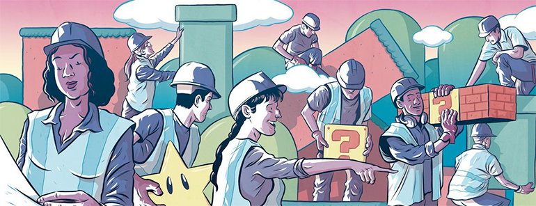 cartoon depicting construction workers building a level in the Mario brothers universe