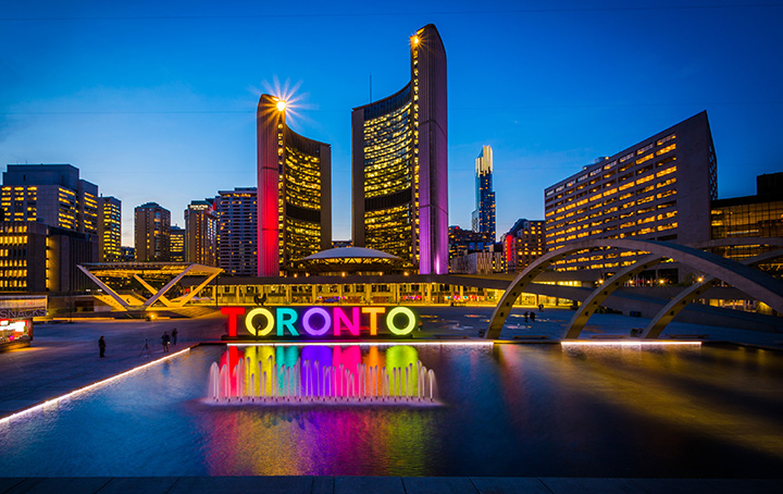 Fountain at Nathan Phillips Square and Toronto Sign near city hall